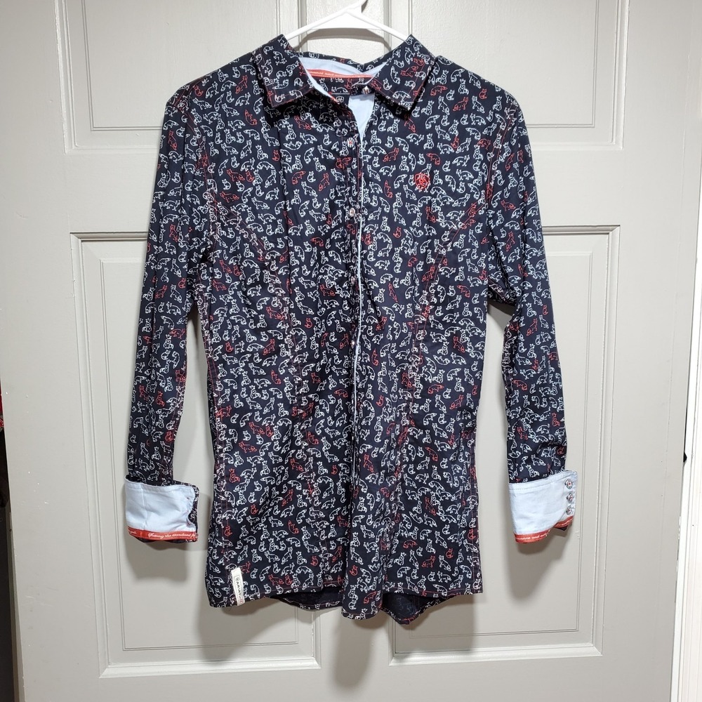 Ariat Women's Medium Fox Print Button Front Shirt Long Sleeve Western Rodeo